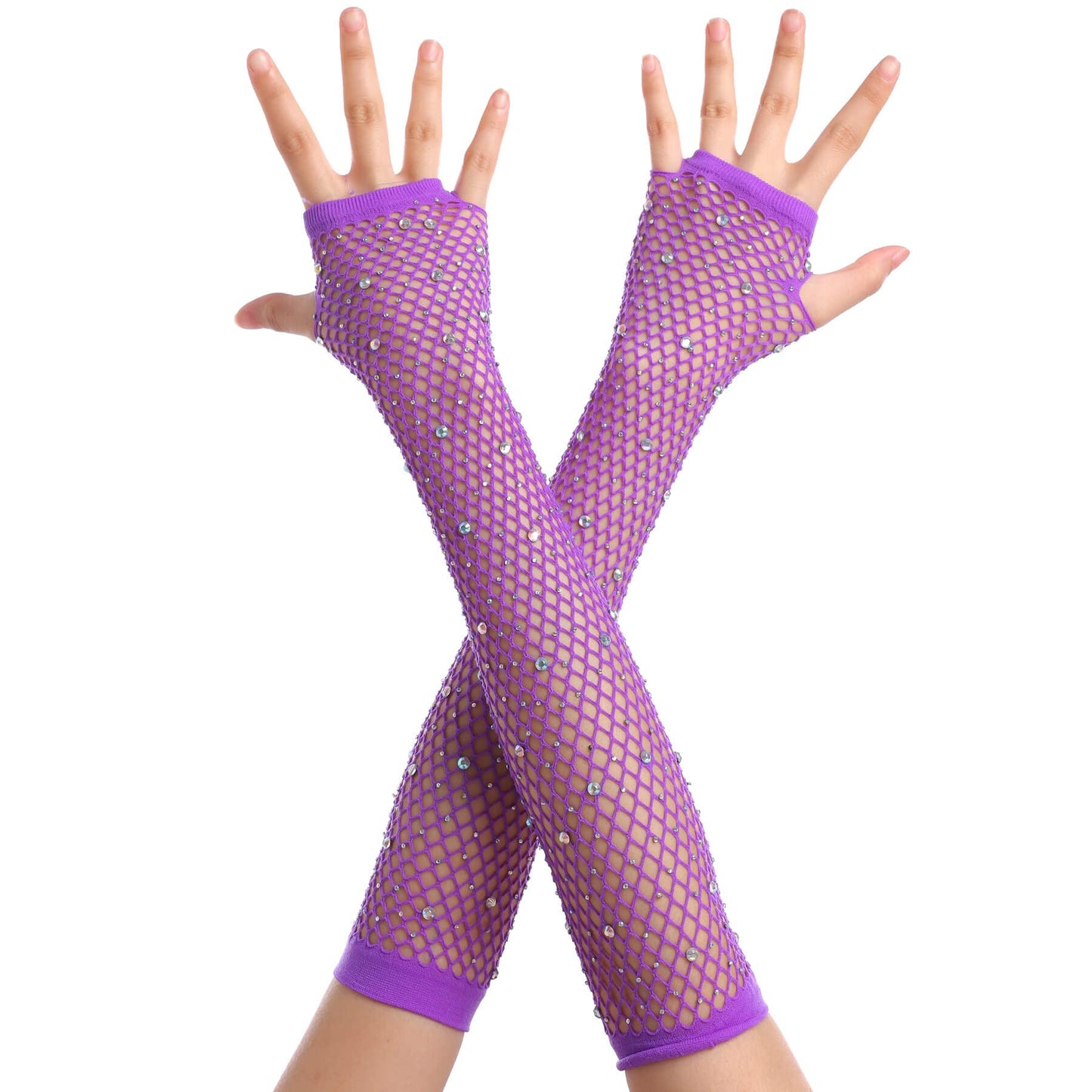 Women Fishnet Rhinestone Gloves Fingerless Kids Fish Net Arm Sleeve Warmers 80s Emo Scene Accessories