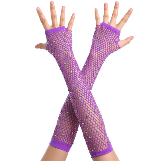 Women Fishnet Rhinestone Gloves Fingerless Kids Fish Net Arm Sleeve Warmers 80s Emo Scene Accessories