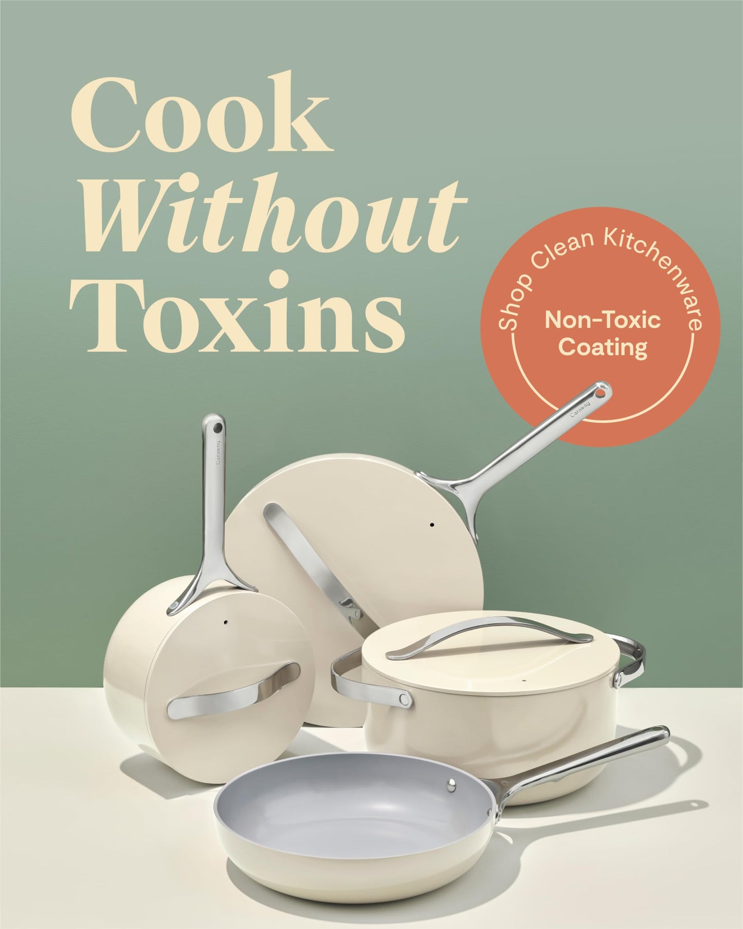 Caraway Nonstick Ceramic Cookware Set (12 Piece) Pots, Pans, Lids and Kitchen Storage - Non Toxic - Oven Safe & Compatible with All Stovetops - Sage