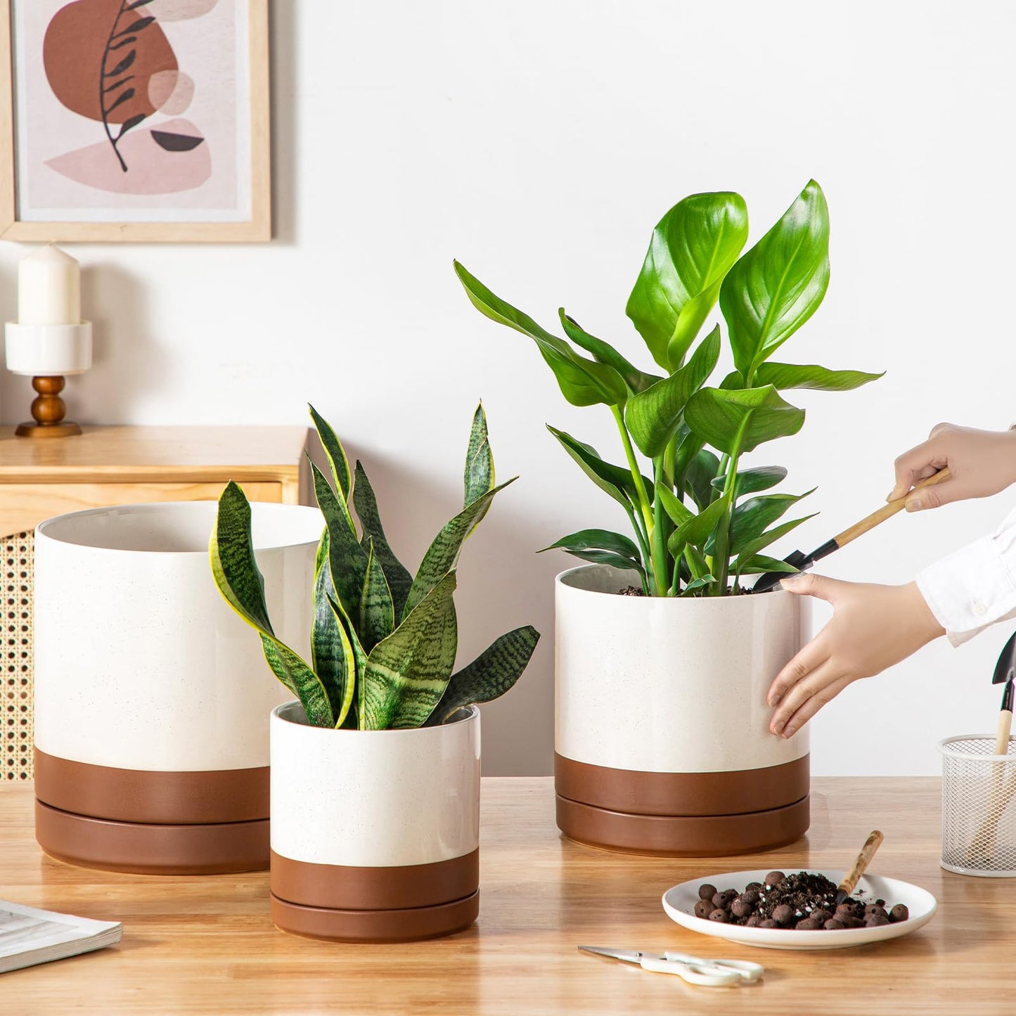 vancasso Ceramic Pots for Plants, Plant Pots for Indoor Plants, 6.25+8.25+10.25 Inch Ceramic Planters, Flower Pots with Drainage Holes, Planters Pot for Indoor House Plants, Set of 3, Khaki