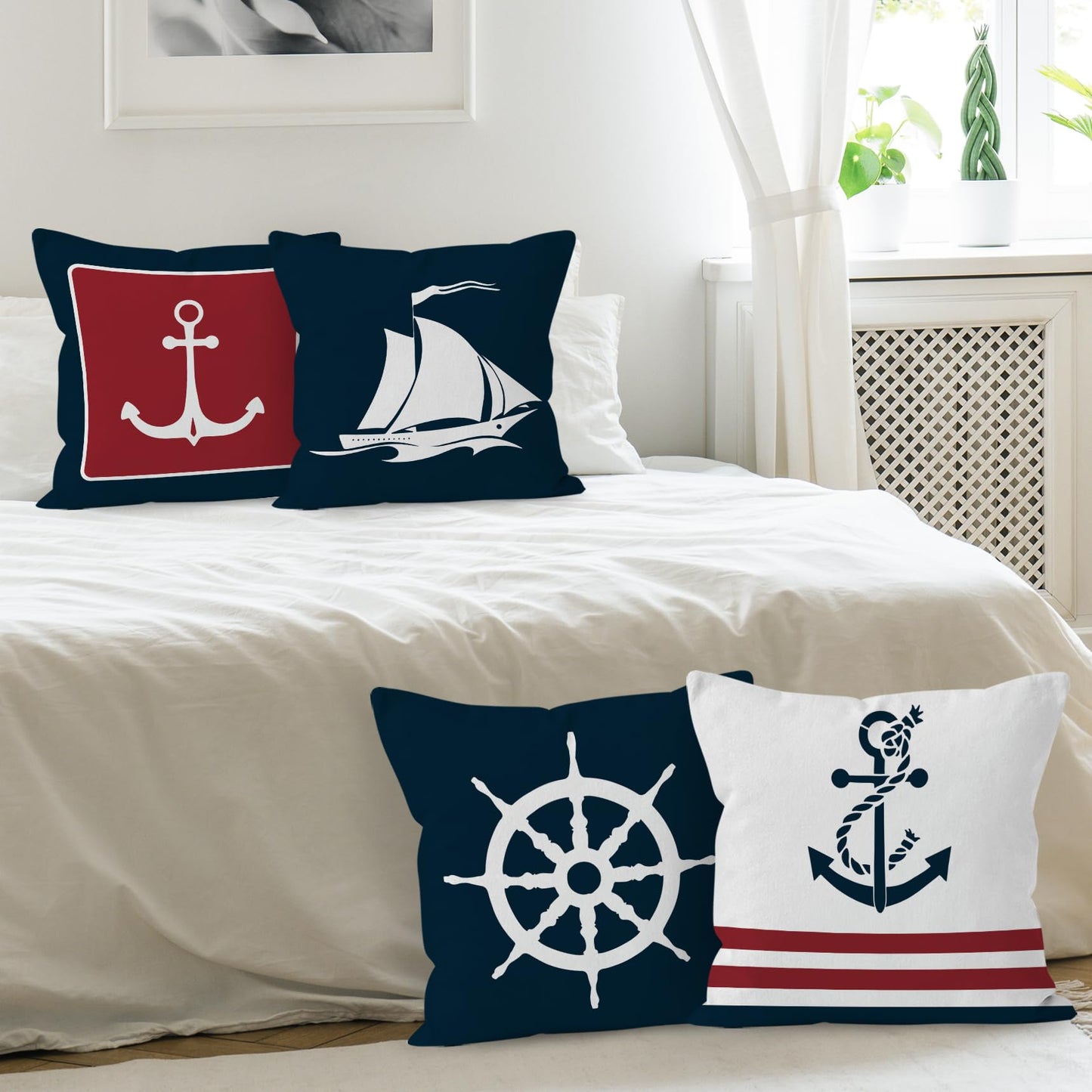 HUYAW Navy Blue Nautical Ocean Boat Anchor Throw Pillow Covers, Ship Nautical Gifts, Boat Pillow Cases 18 x 18 Inch Home Ship Sofa Decor Set of 4