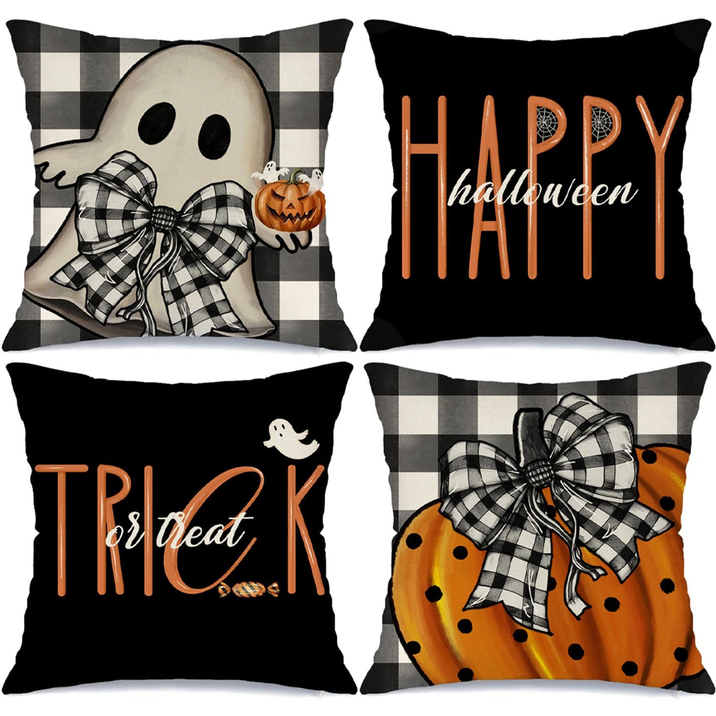 MODOVOS Halloween Pillow Covers 18x18 Set of 4 Buffalo Plaid Spooky Halloween Decorations Polka Dots Pumpkin Throw Pillow Covers Trick or Treat Cushion Case for Sofa Couch