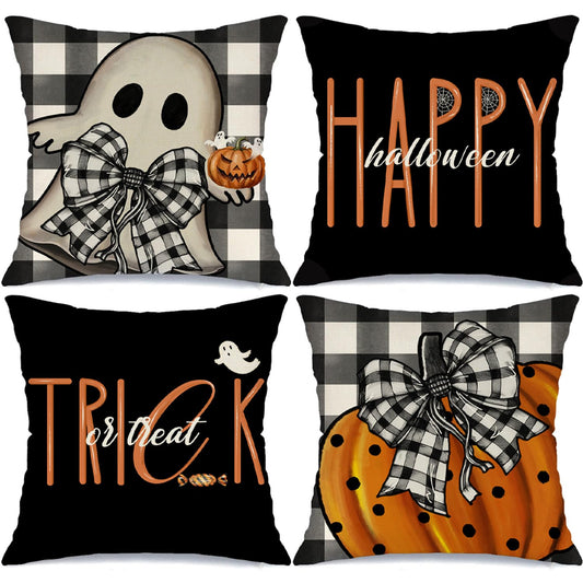 MODOVOS Halloween Pillow Covers 18x18 Set of 4 Buffalo Plaid Spooky Halloween Decorations Polka Dots Pumpkin Throw Pillow Covers Trick or Treat Cushion Case for Sofa Couch