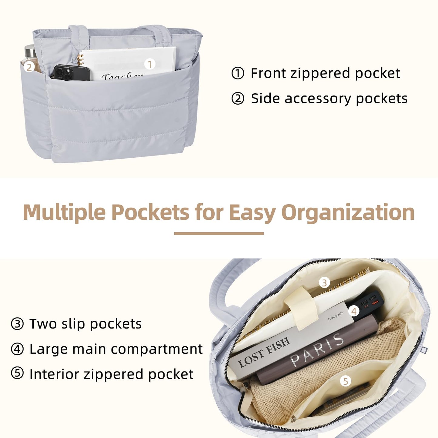 keppesring Tote Bag for Women,single shoulder handbag,with partition and zipper ladies handbag，suitable for travel,work Sport(Light Grey)