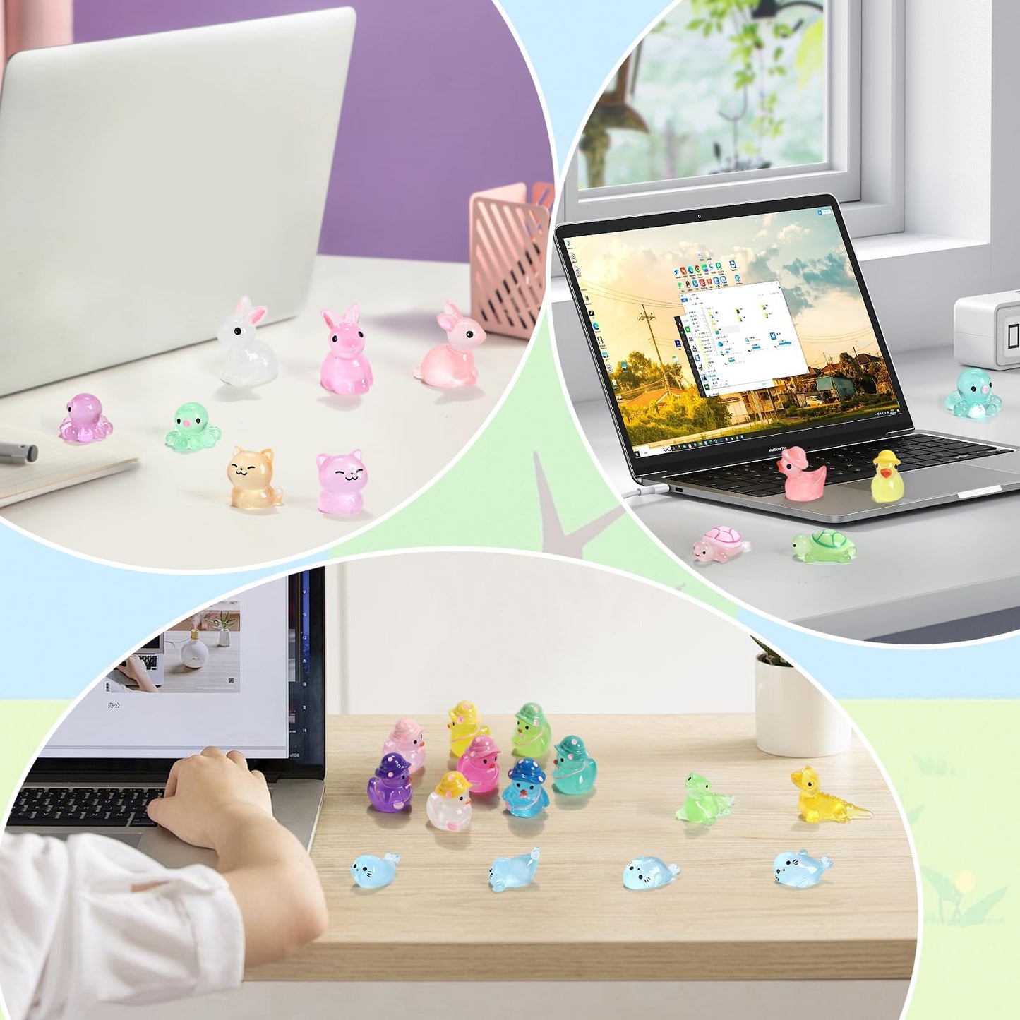 IHFAIO 100PCs Mini Resin Animals, Mini Ducks Unicorns Rabbits Dolphin Frog Dinosaur Cat Luminous Animals Glow in The Dark to Hide Around The Office Home for DIY Garden Dollhouse Combination