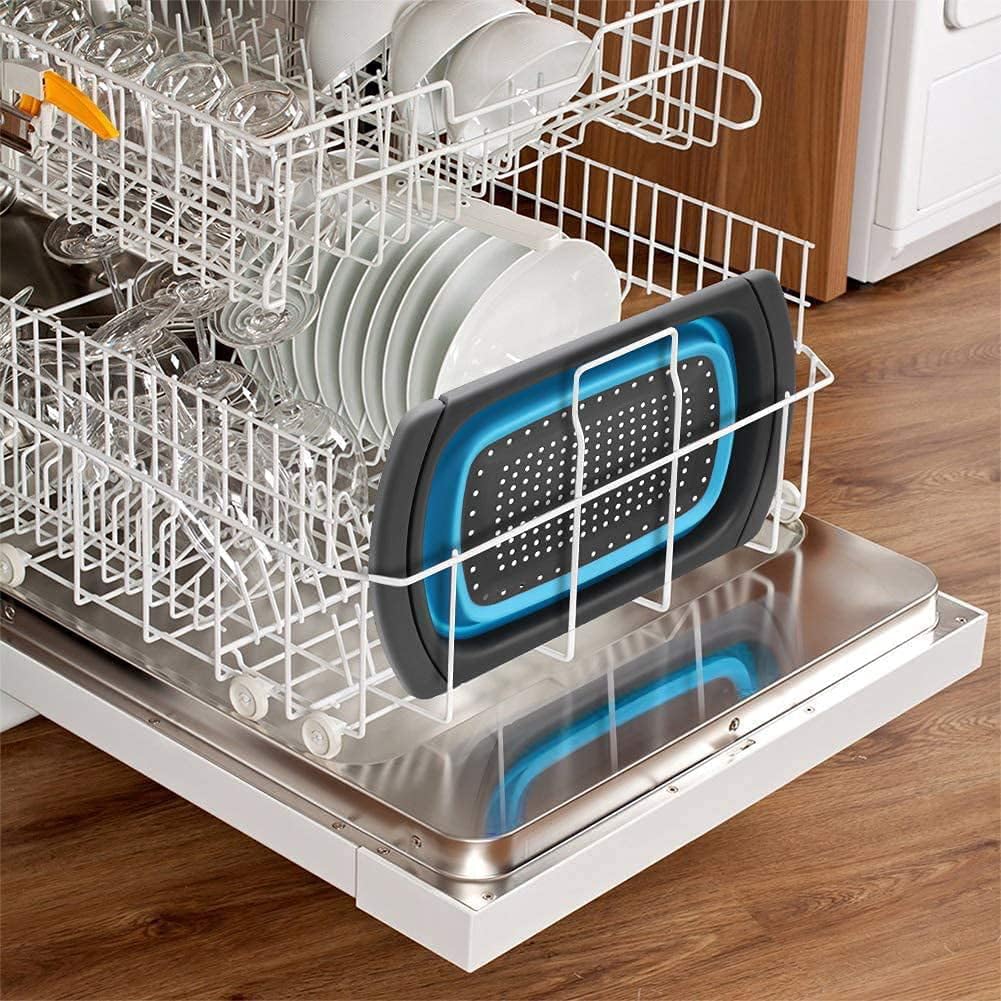 Collapsible Colander Strainer with Extendable Handles - Over the Sink Vegetable/Fruit Colanders Strainers for Kitchen, Capacity of 6 quart (Blue)