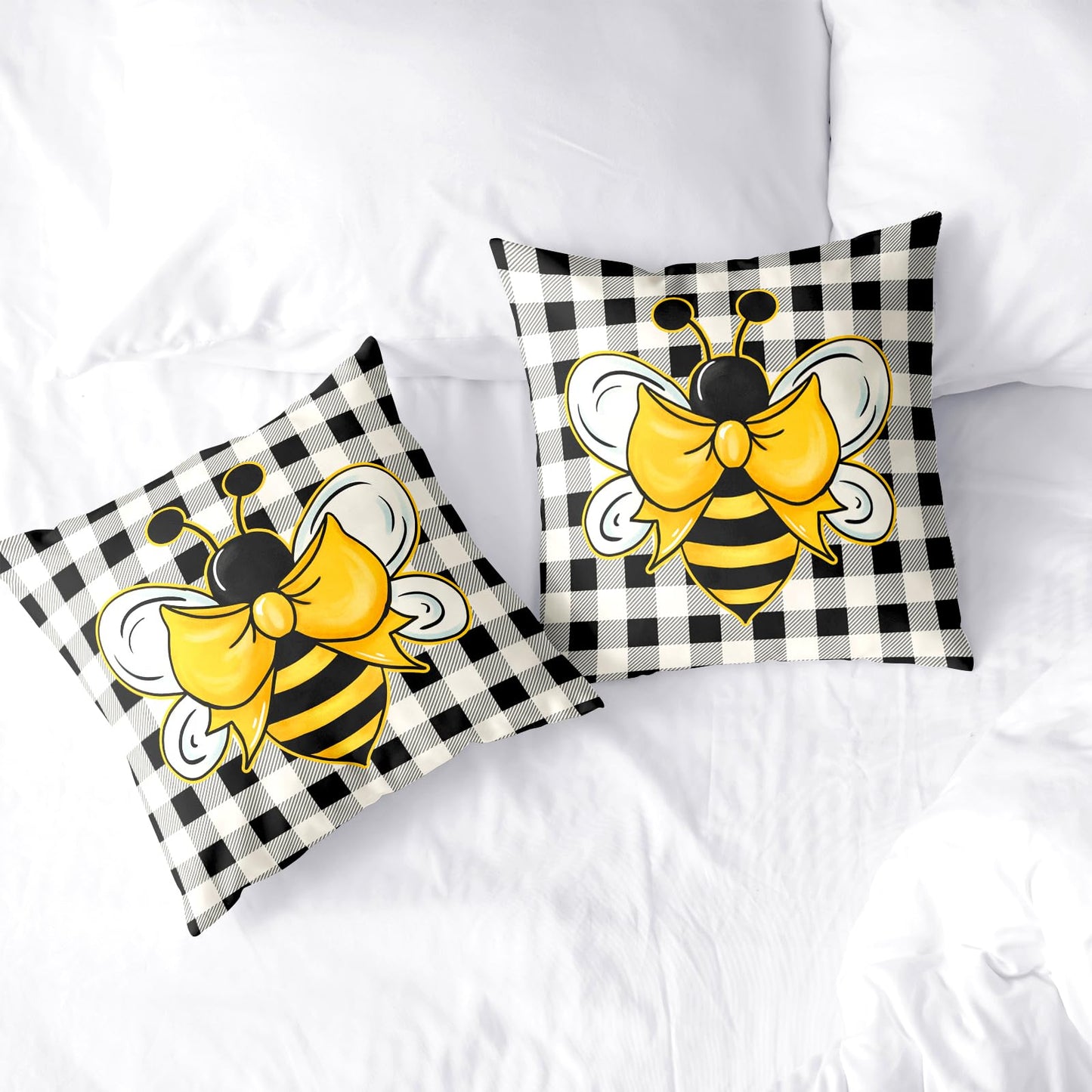 Kwlegh Yellow Bumble Bee Pillow Covers 18x18 Set of 2 Black White Buffalo Plaid Pillow Covers Summer Spring Themed Decorative Cushion Cases Home Decor for Couch Bed Holiday