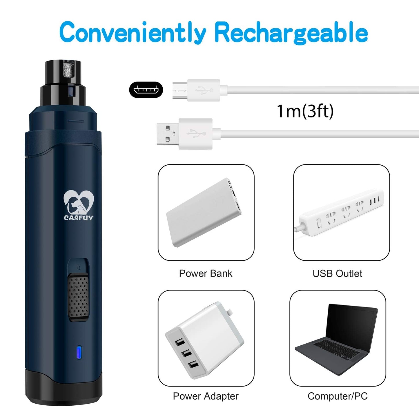 Casfuy Dog Nail Grinder Upgraded - Professional 2-Speed Electric Rechargeable Pet Nail Trimmer Painless Paws Grooming & Smoothing for Small Medium Large Dogs & Cats(Dark Blue)