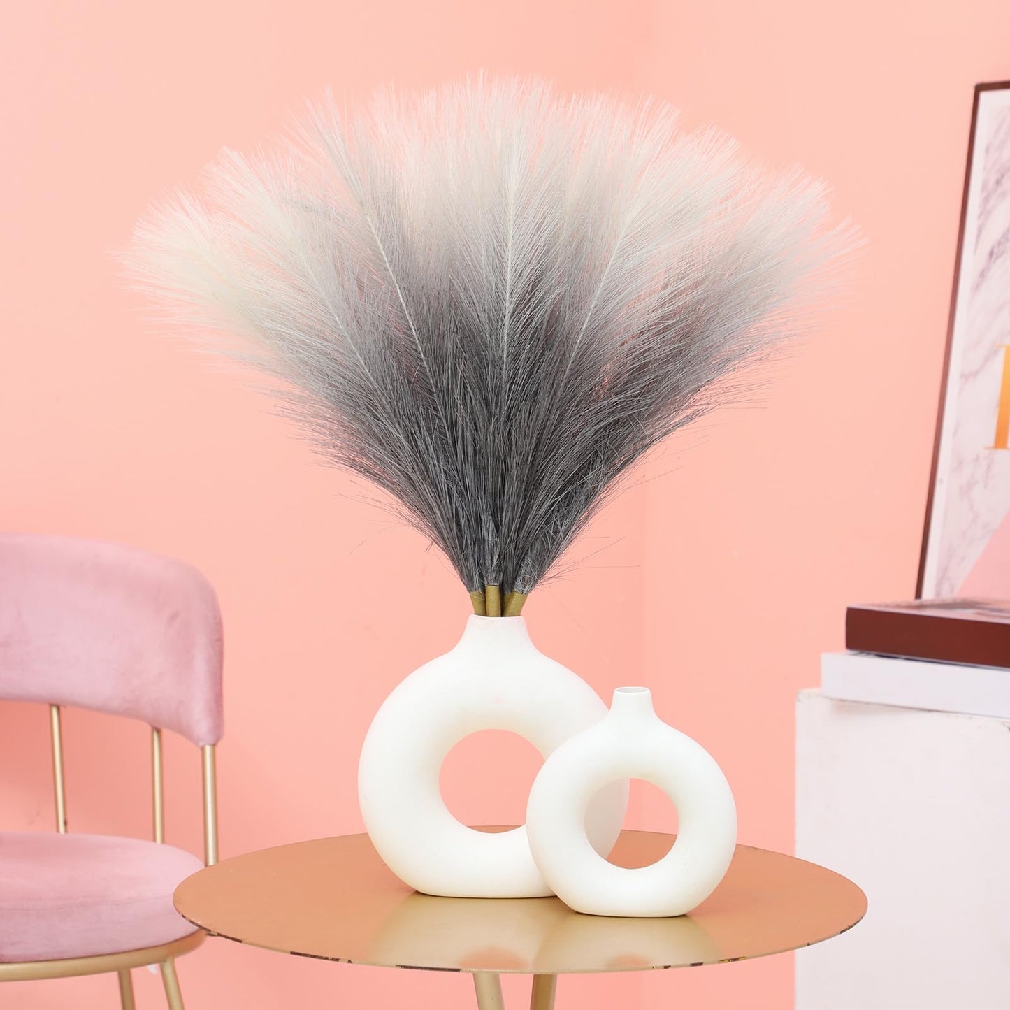 Ureymx Faux Pampas Grass Decor 17.7 Inch 6pcs, Pompas Grass Flower Arrangement and Vase Filler Artificial Pampas Grass Short Decor for Boho Home Wedding Decoration (Gradient Grey)