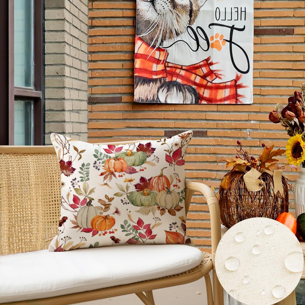 RABUSOFA Outdoor Waterproof Fall Pillow Covers 18x18 Inch,Fall Outdoor Pillows Case Set of 2,Pumpkin Autumn Thanksgiving Throw Pillows for Porch Maple Leaf(9-18)