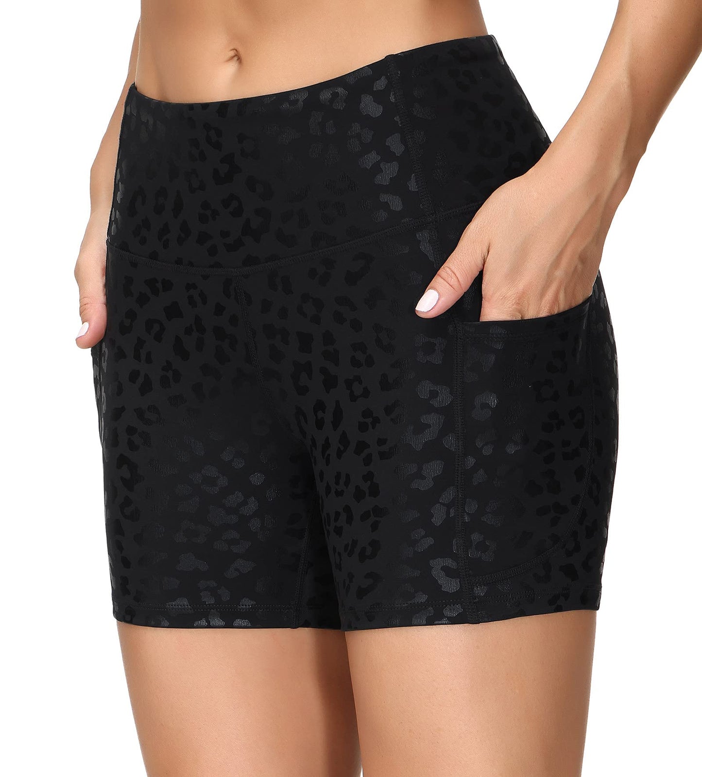THE GYM PEOPLE High Waist Yoga Shorts for Women Tummy Control Fitness Athletic Workout Running Shorts with Deep Pockets (Medium, Black spot Leopard)