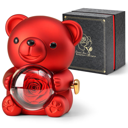 Anthonic Cute Teddy Bear with Preserved Rose - A Real Rose Flower in Bear with Elegant Gift Box - Romantic Gift for Her in Mother's Day, Weddings, Anniversaries, and Bridal Showers (Red)