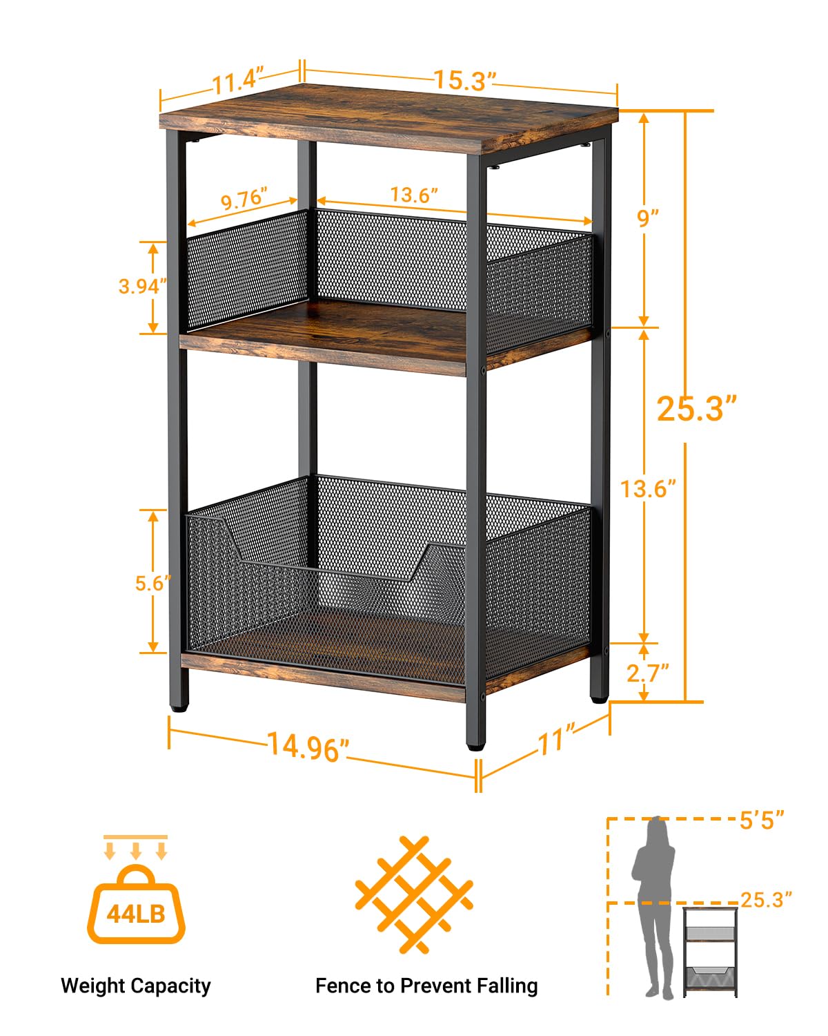 Dunatou End Table, Small Side Table Industrial Retro 3-Tier Sofa Table with Storage Shelf for Small Spaces, Living Room, Bedroom, Kitchen, Office