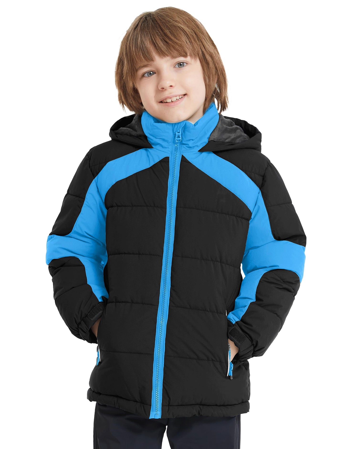ZSHOW Boys' Puffer Jacket Windproof Waterproof Quilted Outerwear Coat with Hood(Black & Blue,10-12)