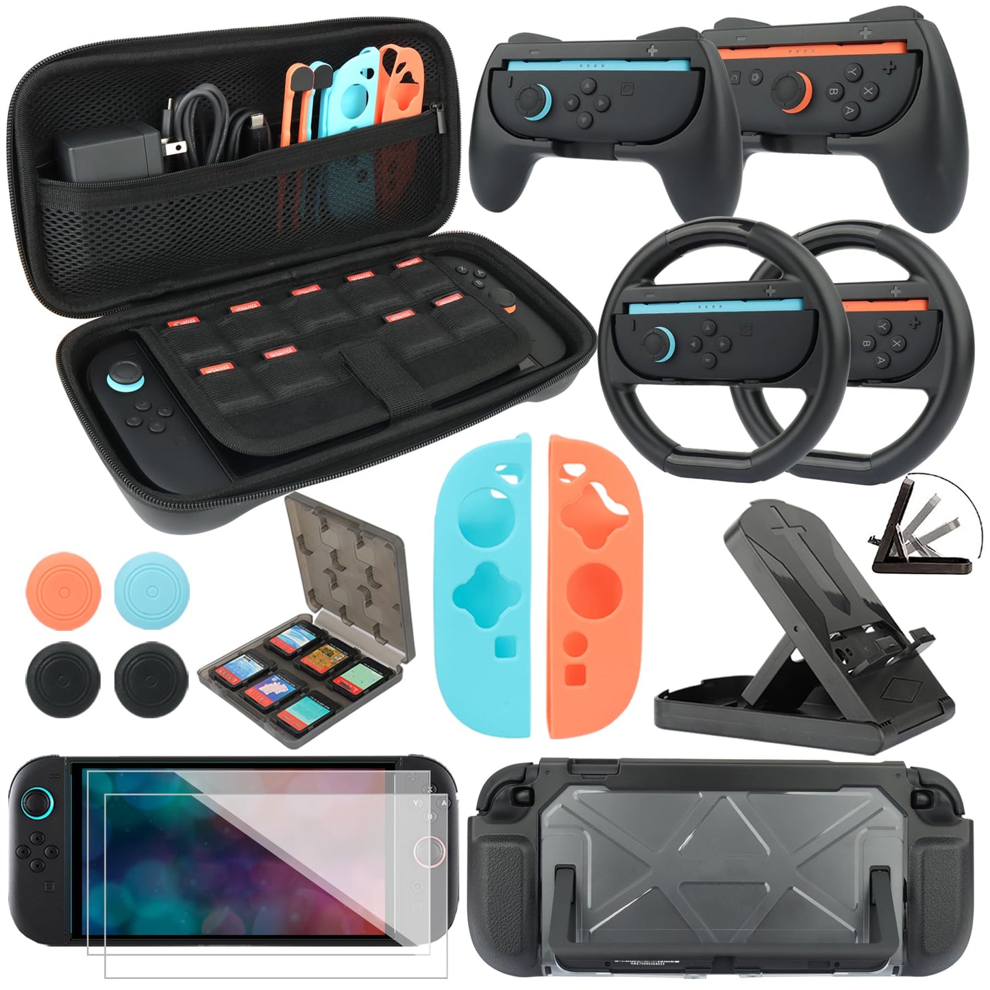 RTop Switch 2 Accessories Kit for Nintendo Switch 2 (2025),Family Bundle Accessories Kit with Carrying Case& Screen Protector,Joy Con Grips and Steering Wheels,Case Cover,Stand and More (16 in 1)