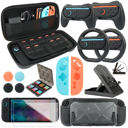 RTop Switch 2 Accessories Kit for Nintendo Switch 2 (2025),Family Bundle Accessories Kit with Carrying Case& Screen Protector,Joy Con Grips and Steering Wheels,Case Cover,Stand and More (16 in 1)