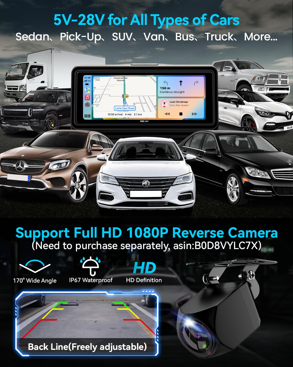 Portable Apple Carplay Screen for Car, Touch Screen with Wireless Android Auto, Car Audio Receivers with Voice Control, Mirror Link, Music Play, GPS Navigation, Built-in Customized Speakers (Black)