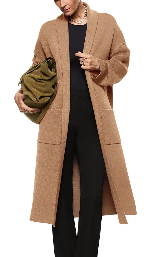 Womens Long Sleeve Maxi Cardigan Open Front Oversized Knitted Sweater Coat Casual Lapel Warm Overcoat with Pockets Camel