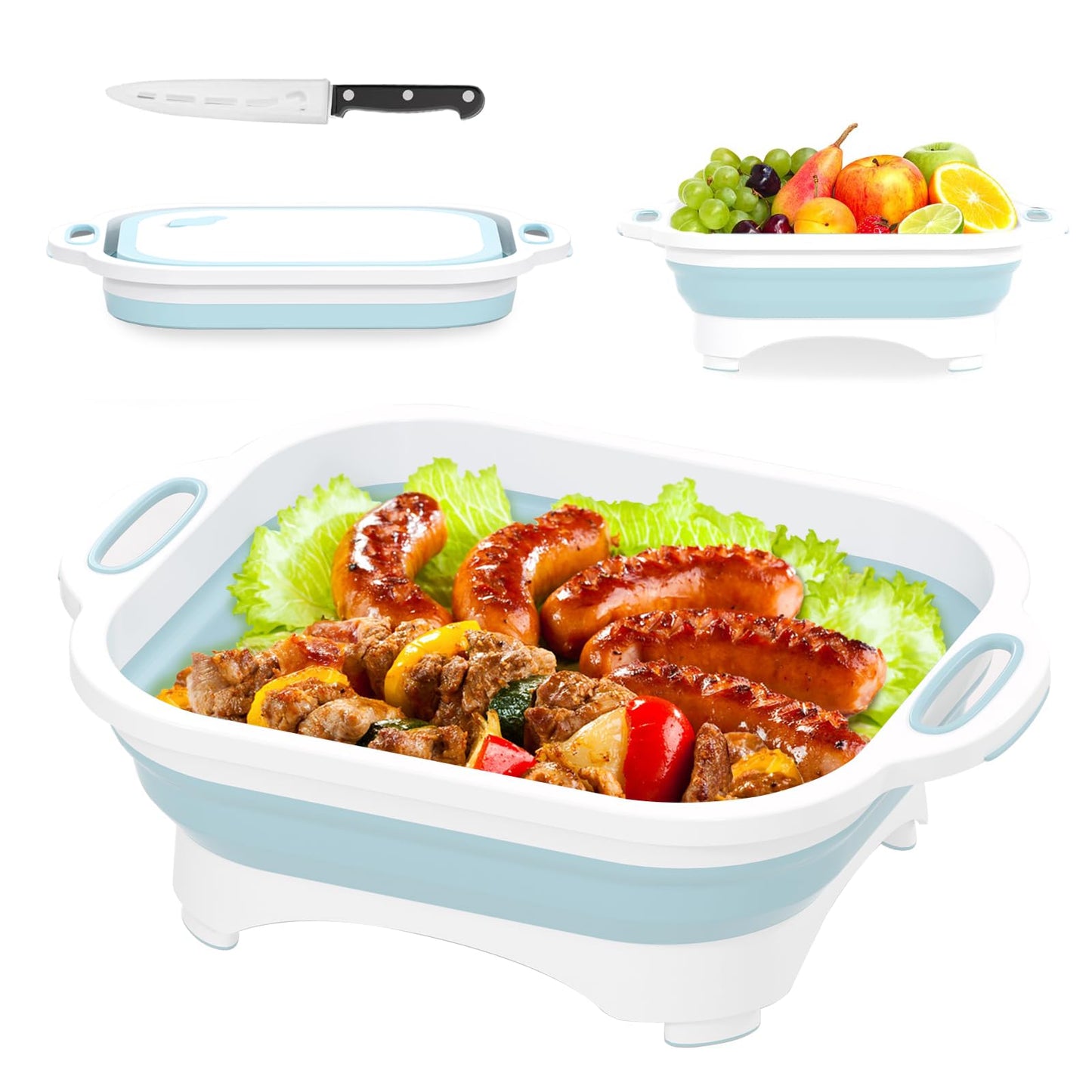 Collapsible Cutting Board,HI NINGER Camping cutting board with knife,Multifunctional Kitchen Vegetable Washing Basket Silicone Dish Tub for Camping Kitchen essentials/bbq prep tub/rv accessories