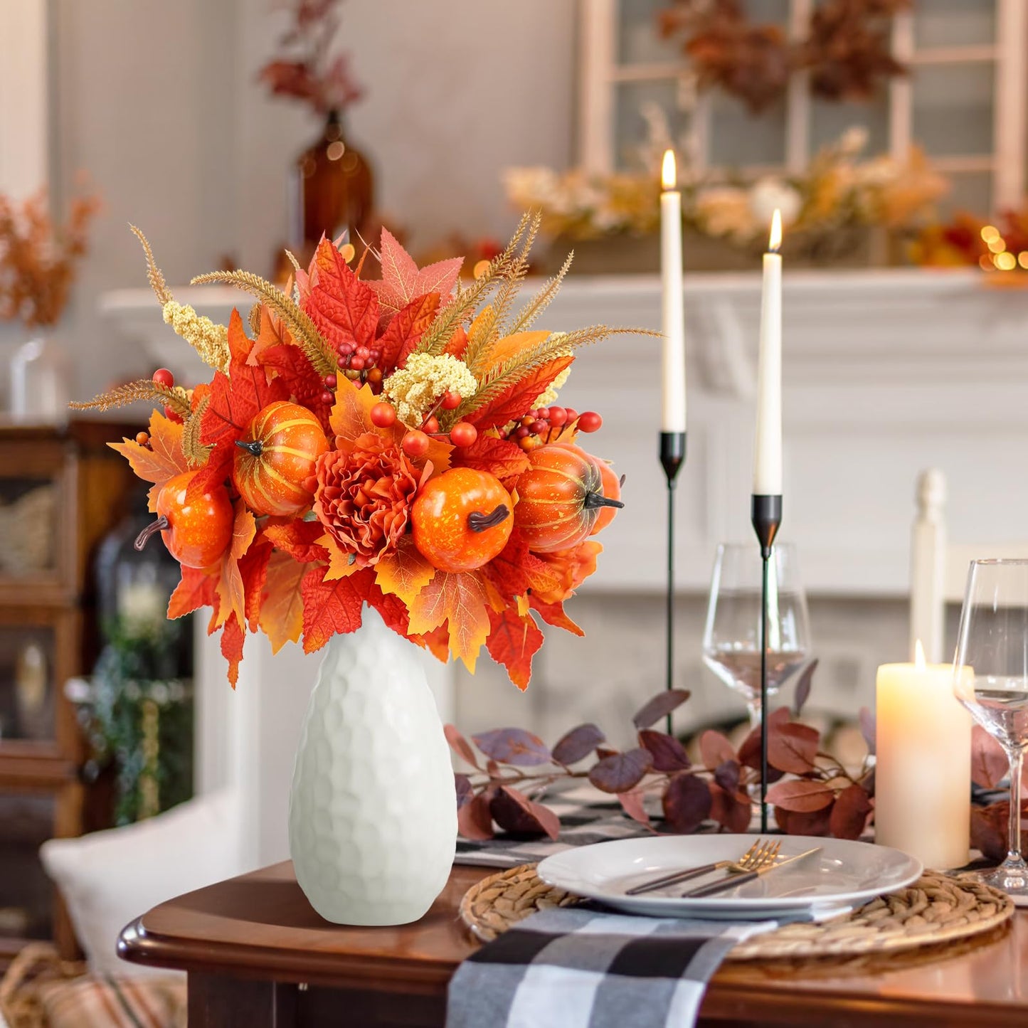 GOLUTYOK Fall Decor, 4PCS Artificial Autumn Pumpkin Berry Flower Maple Plant Stems Picks Vase Decorations, for Home Harvest Holiday Thanksgiving Indoor