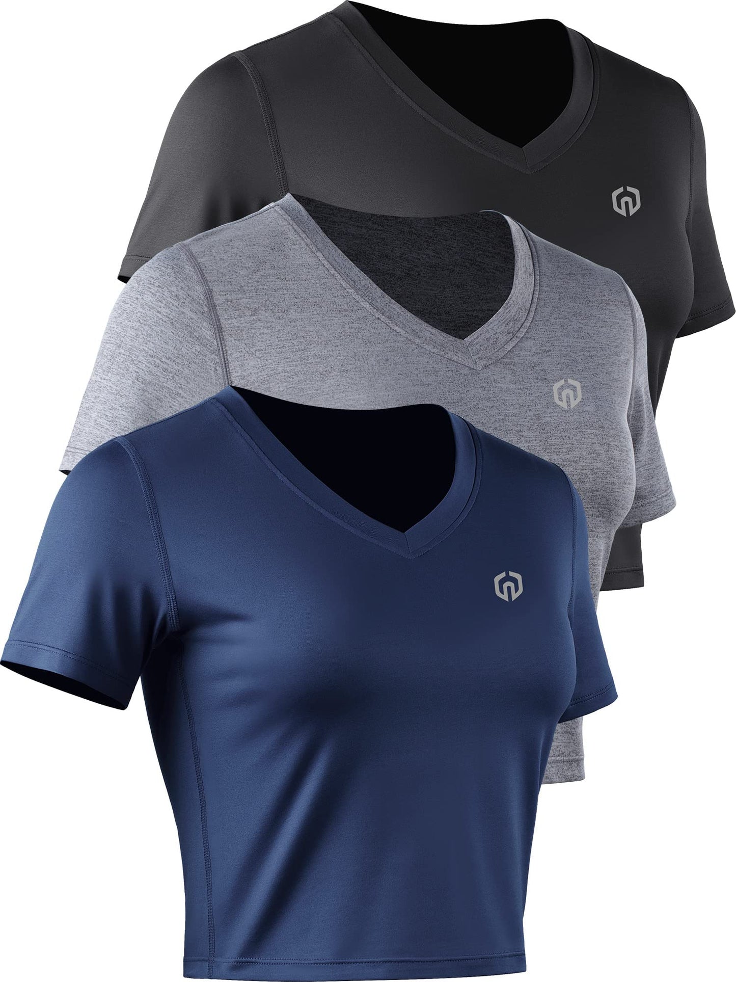 Women's 3 Pack Running Shirt Workout Athletic Crop Shirts,8101,Black/Grey/Navy Blue,S