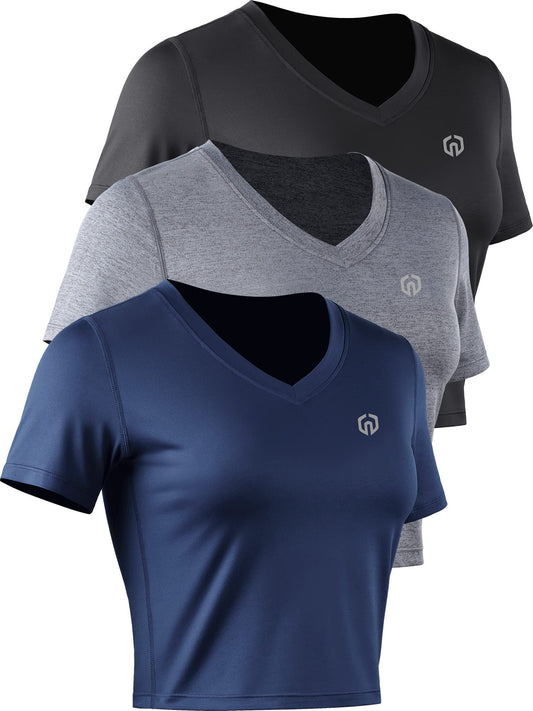 Women's 3 Pack Running Shirt Workout Athletic Crop Shirts,8101,Black/Grey/Navy Blue,S