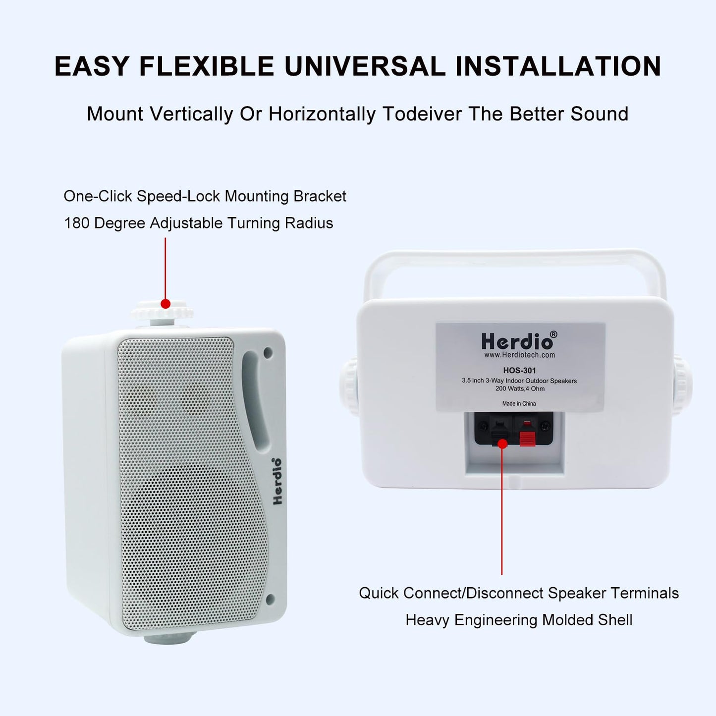 Herdio 3.5 Inch Passive Outdoor Speakers Wired Waterproof, 200W 3 Way Premium Mountable Wall Mount Speakers with Superior Sound, All-Weather Durability, for Patio Marine Boat Garage Indoor(White Pair)