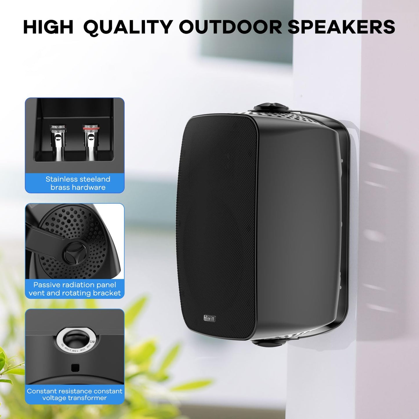 Hiwill Outdoor Speaker Waterproof – 4.5" Woofer with Dual Passive Radiators, Aluminum Dome Tweeter, All-Weather Durable Mountable Speakers for Patio, Poolside, Indoor-Outdoor Flexibility(Pair, Black)