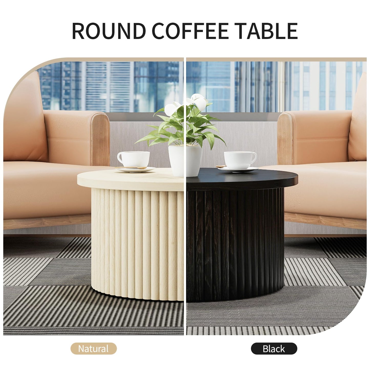 Round Coffee Table with Storage, Wood Modern Fluted Drum Coffee Table with Flip Top, 31.5" Farmhouse Center Table for Living Room, Reception Room, Entertainment Room, Courtyard (1, Oak)