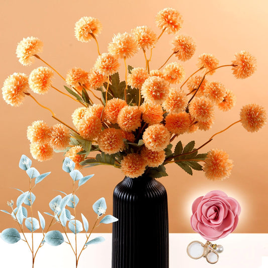 Faux Kiku Flower White, 10 Stems & 2 Eucalyptus Stems, Fall Mini Chrysanth with Stems for Thanksgiving Wedding Home Floral Arrangement Decoration (White)