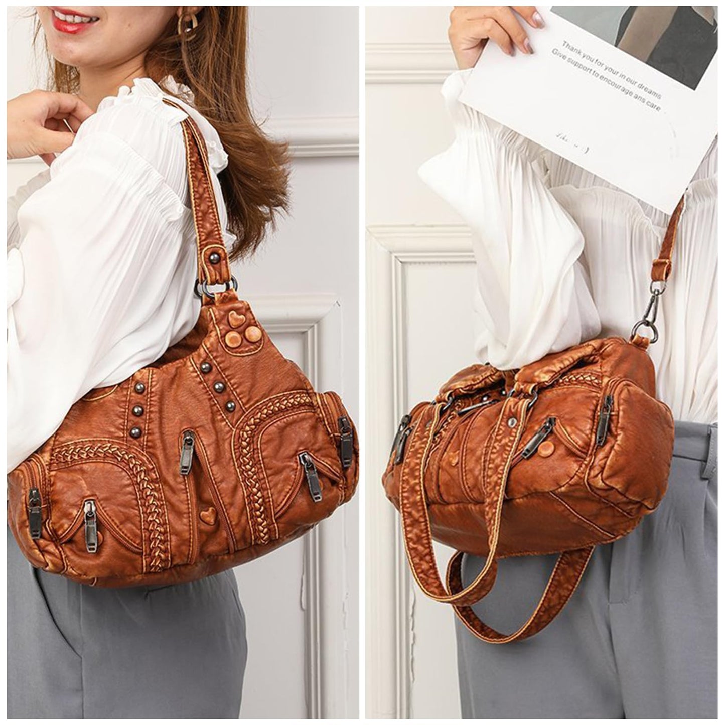 I IHAYNER Purses and Handbags for Women Hobo Tote Purse Soft PU Leather Satchel Shoulder Bag with Multi-Pocket, Brown