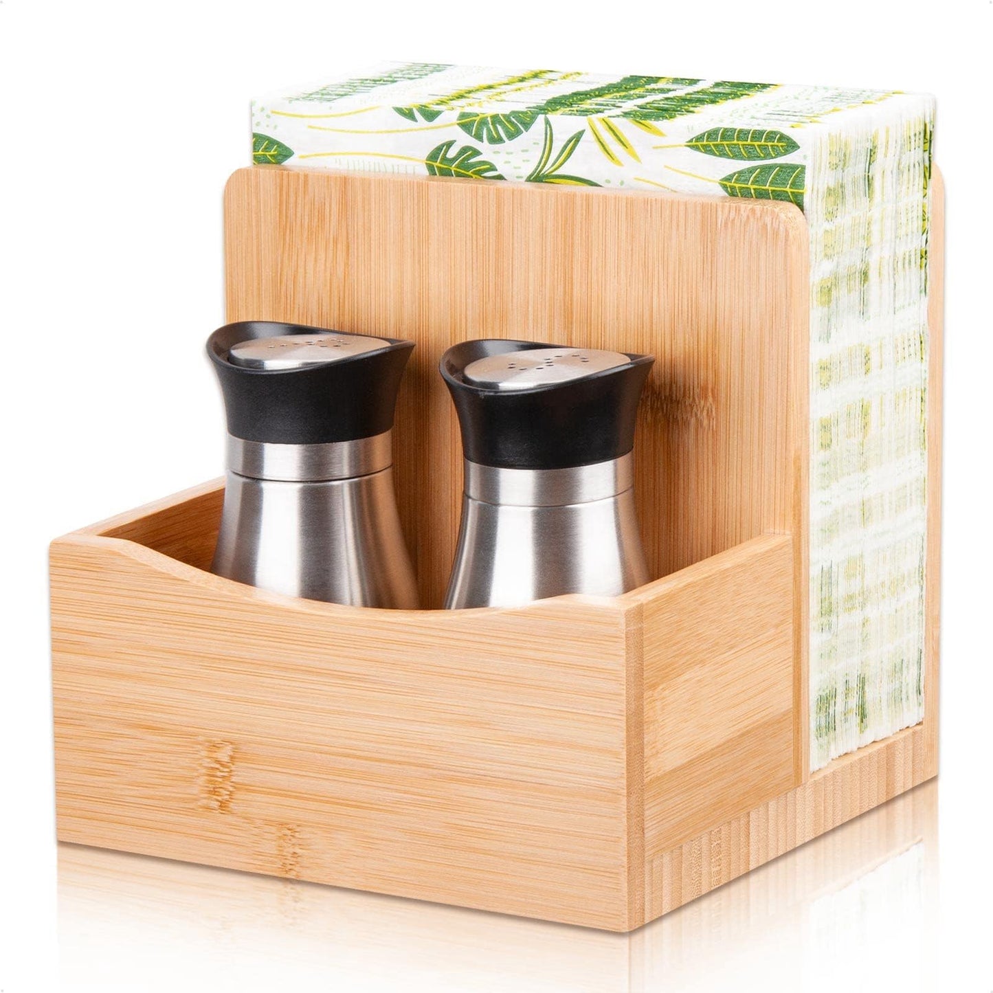 MOLEDINO Bamboo Salt Pepper Napkin Holder Set for Kitchen Dining Table, Natural Napkin Holder Stand with Salt Pepper Caddy Restaurant Lunch Organizer