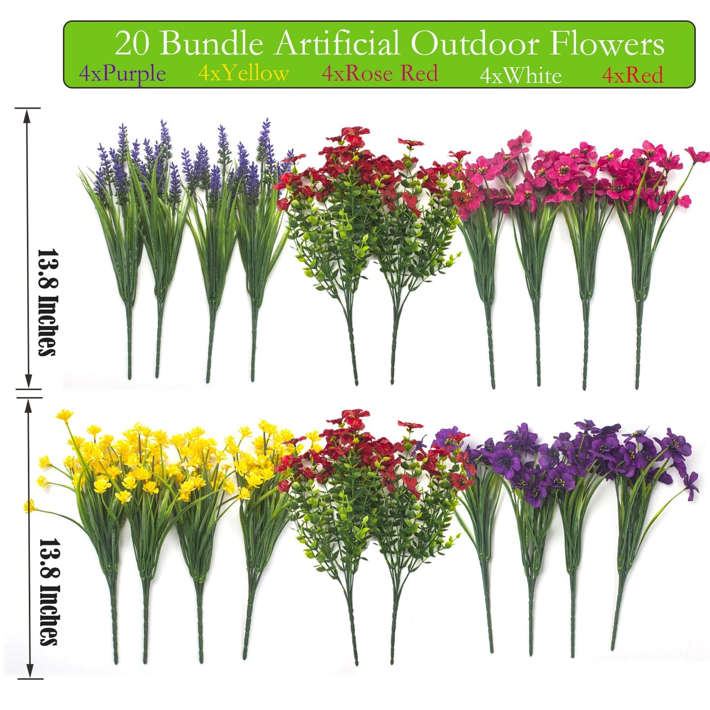 20Pcs UV Resistant Artificial Flowers Outdoor, Realistic Faux Greenery Shrubs with Rust-Proof Stems - Waterproof Fade-Proof Hanging Plants for Garden, Porch, Patio, Cemetery Decor (All-Season Durable)