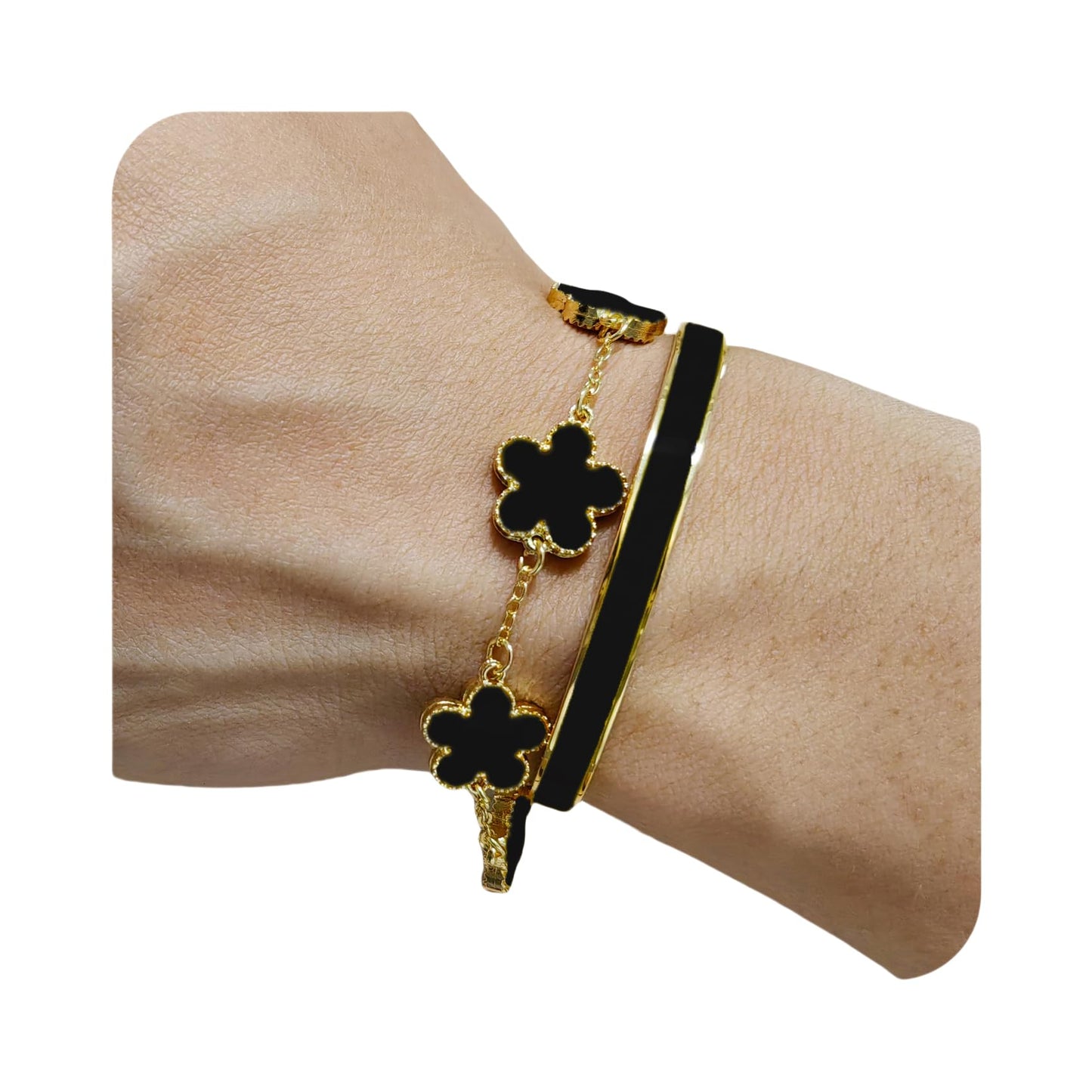 Gold Clovers Bracelets for Women 2Pcs Stackable Gold Bracelet 18K Gold Plated Enamel Bangle Floral Bracelet Set Trendy Gifts for Women (Black)