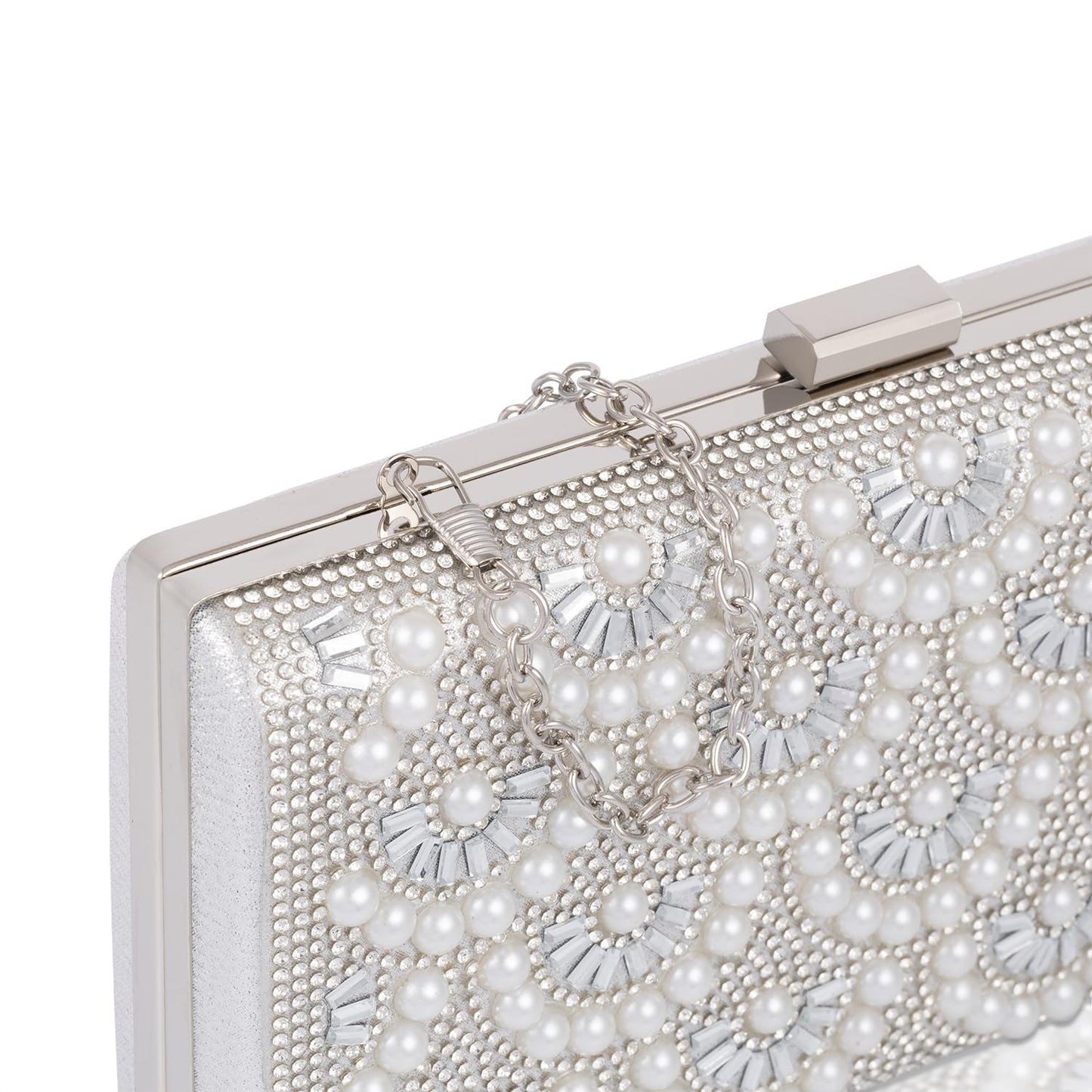 Women's Evening Clutch Handbags - Crossbody Purses Rhinestone Bag with Chains for Womens Ladies Girls Wedding Party, Sparkly Pearl Shoulder Clutches Bag Silver