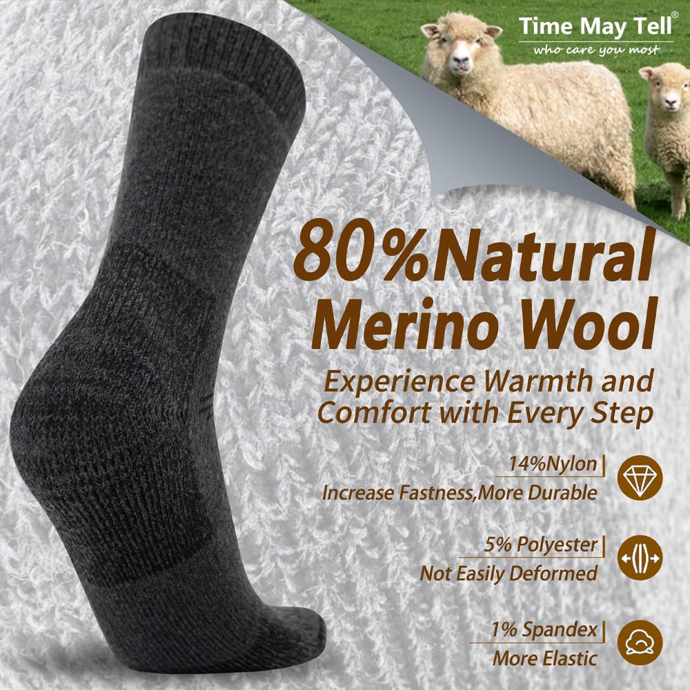 Time May Tell Mens and Womens Merino Wool Hiking Cushioning Socks For Outdoor Wool-Socks-For-Men 3 Pack (Dark gray(3 Pairs) US Size 9-13
