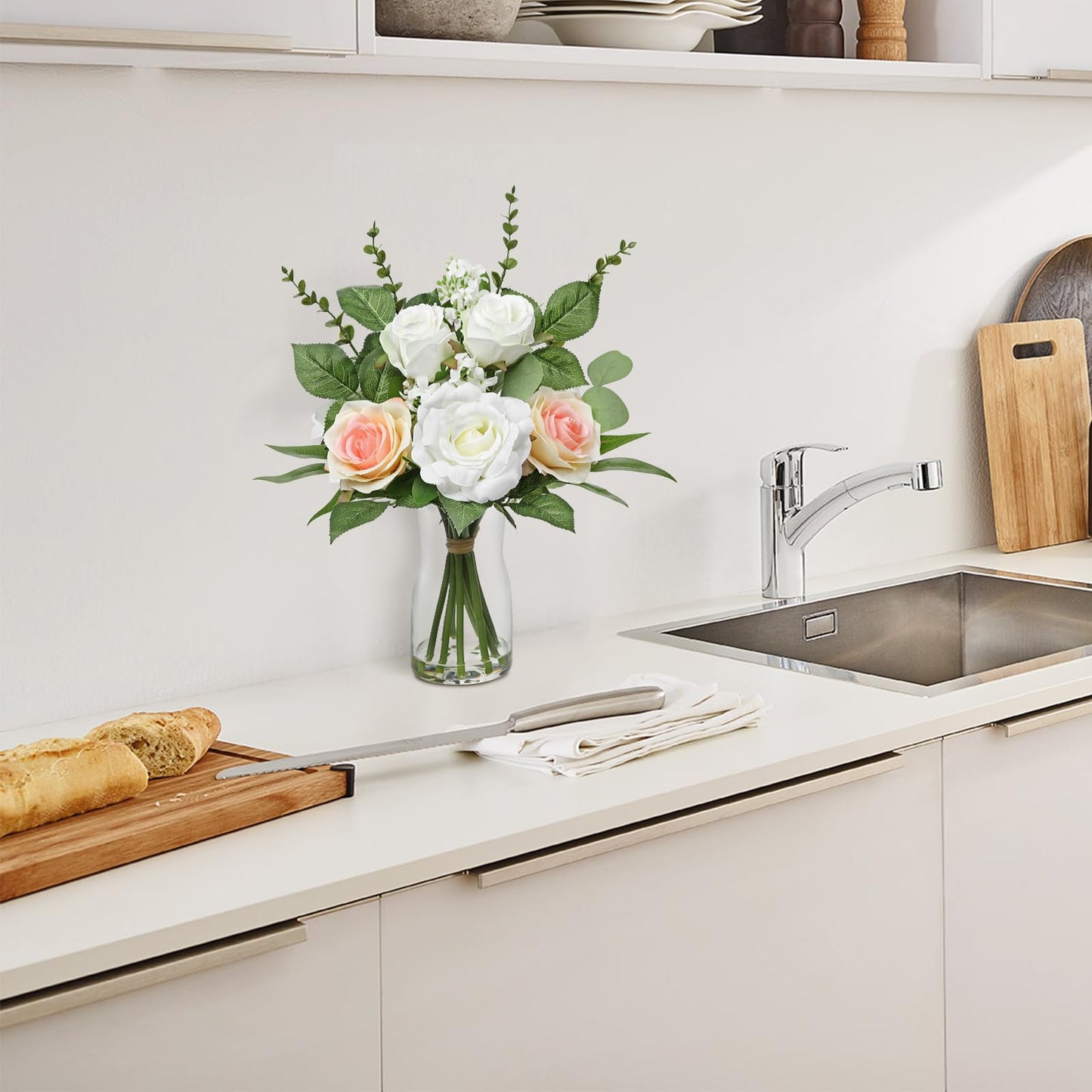 Hollyone Faux Flowers in Vase Artificial Silk Rose Flowers with Faux Eucalyptus Plants Arrangement with Vase Rose Flowers Bouquets Table Centerpieces Decorations Living Room Office Bathroom Home Decor