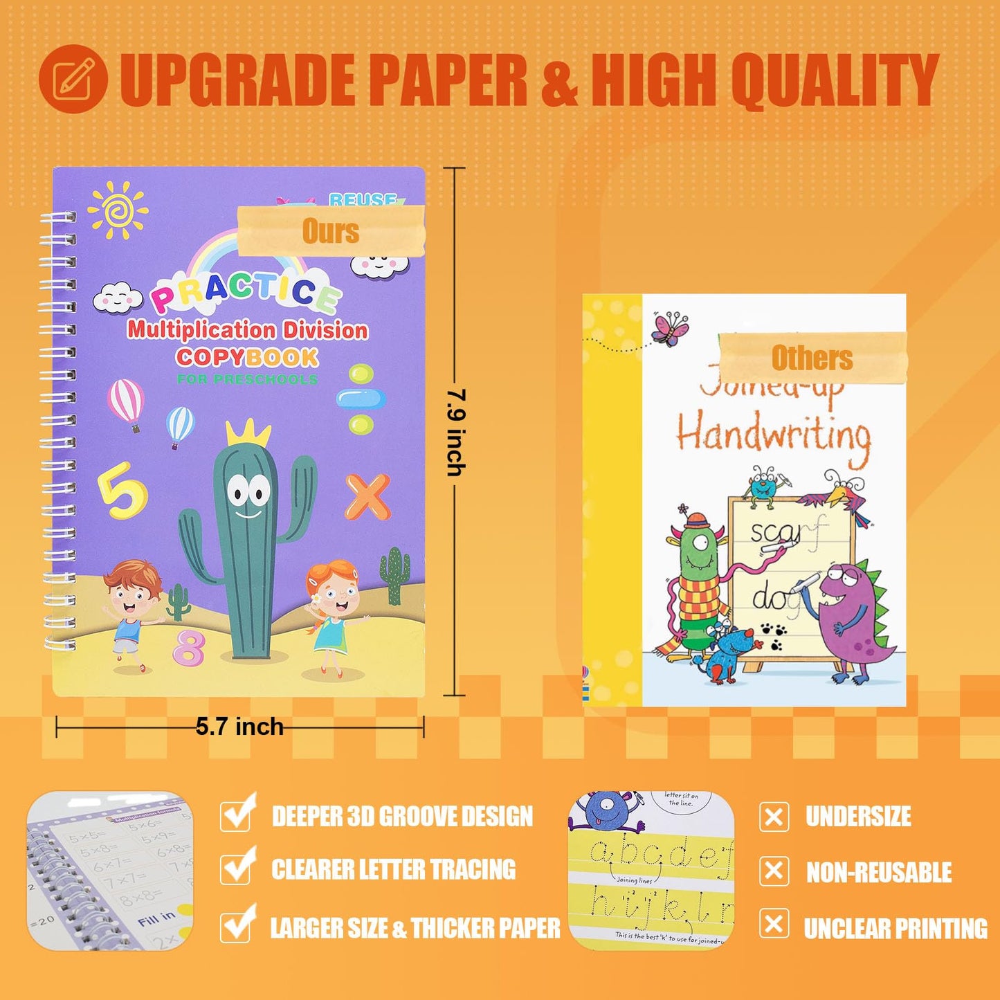 Magic Practice Copybook, Reusable Writing Practice Book, Grooved Handwriting Copybook Set for Preschool Kids Age 3-8 Calligraphy 5.7 * 7.9 inch (5 PCS with 5 Cactus Pens & A Storage Bag)