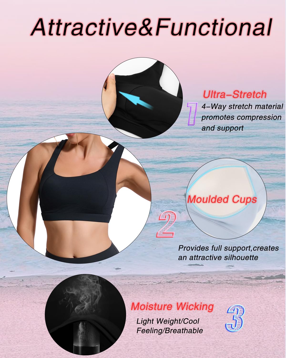 RUNNING GIRL Sports Bras for Women High Support,Racerback High Impact Black Sports Bra Moulded Cup Workout Bra Push up(WX3047 Black S)