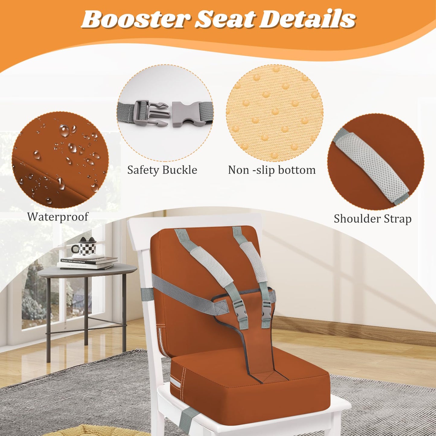 Toddler Booster Seat for Kitchen Chair & Dining Table – Waterproof PU Foam Cushion with Backrest & Safety Straps – Foldable, Lightweight Design for Kids Ages 2-6 – Easy to Clean