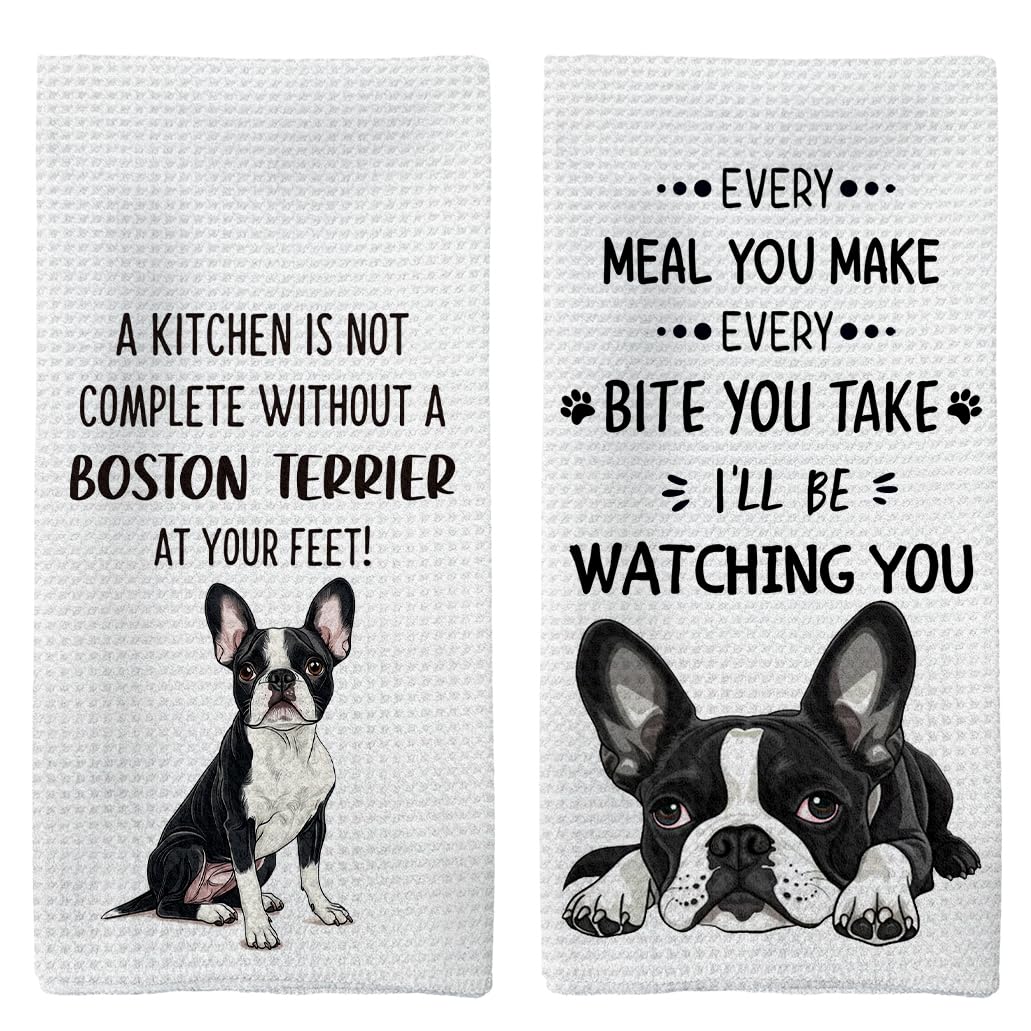 Tzhim Boston Terrier Gifts Kitchen Towels Set of 2, Boston Terrier Gifts for Women, Boston Terrier Decor Hand Towels, Boston Terrier Dog Tea Dish Towels for Kitchen, Dog Kitchen Decor, 16x24inch