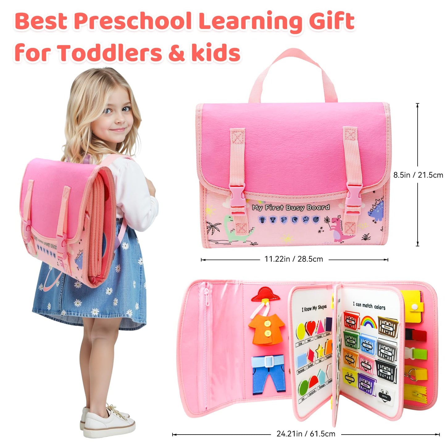 CHUAWANLY Busy Board Montessori Toys for Toddler,Busy Book - Sensory Preschool Learning Activities Educational Toys with Fine Motor Skills,Gift for Boys Girls,Travel Essentials for Plane Car (Pink)