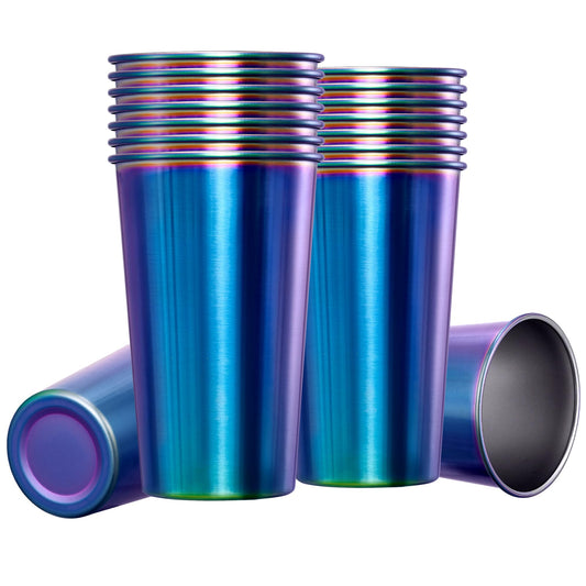 MEWAY 16 Pack 24oz Stainless Steel Pint Cup,Healthy Unbreakable and Stackable,Metal Drinking Glasses，Beer Glasses（Rainbow）
