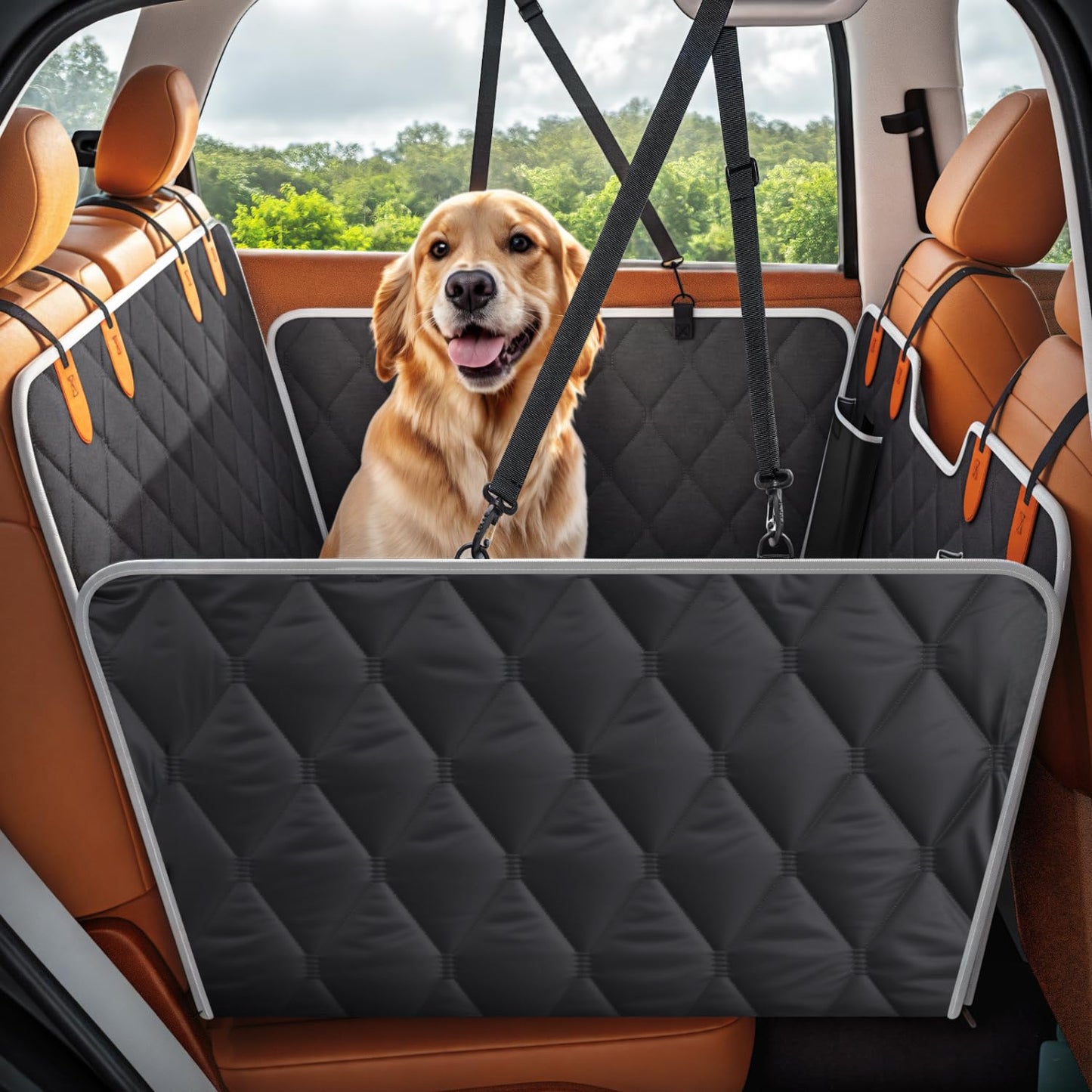 Pawaboo Dog Car Seat for Small Medium Large Dogs, Back Seat Extender for Dogs, Foldable Non-Slip Hard Bottom Pet Carseat, Hammock for Pet, All-Around Protection and Strong Support, Dark Black
