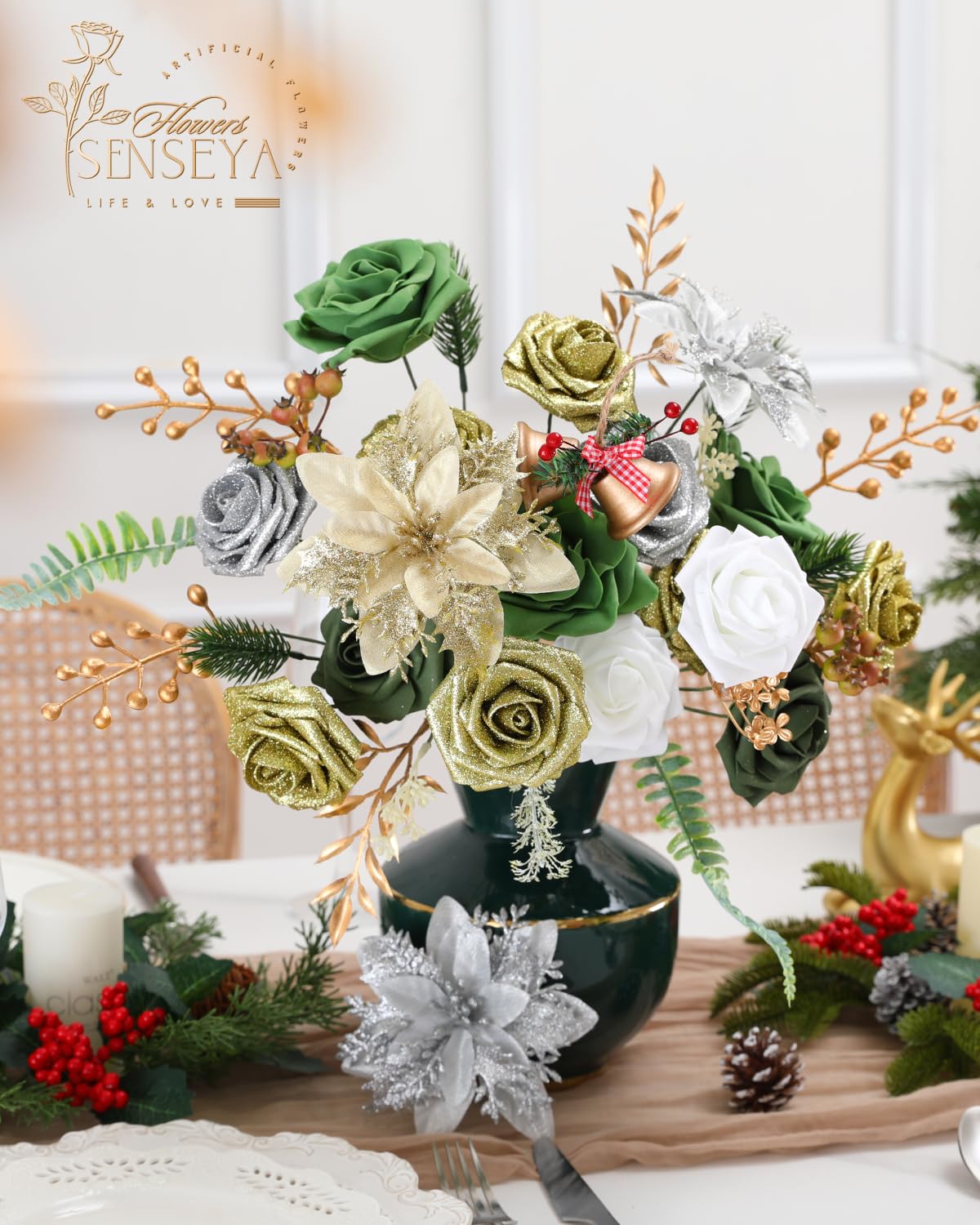 Senseya Artificial Christmas Flowers Poinsettia Combo Set, Mix Silk Flowers Fake Roses with Stems, for DIY Tree Ornaments Xmas Wreath Floral Arrangements Centerpieces Home Christmas Decorations