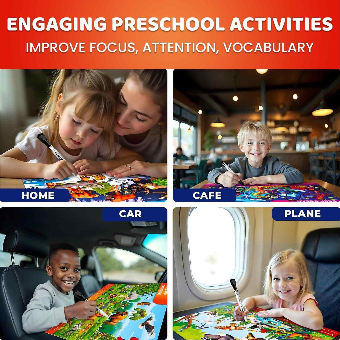 QUOKKA Busy Book Handwriting Practice for Kids - Search & Find - Activity Cards for Kids 3-8 – Reusable Mats with Dry-Erase Marker, Explore 20 Topics, Road Trip Activities, and Travel Games