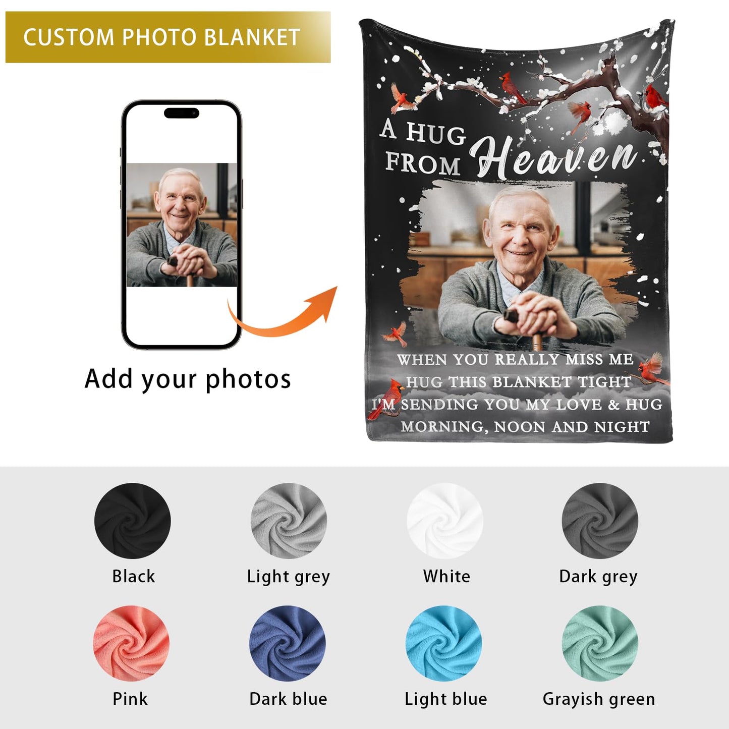 Ships Next Day, Custom Memorial Blanket with Picture and Text - Printed in USA,Personalized Blankets for Loss Loved Ones,Customized Blanket for Loss of Dad Mom,In Loving Memory Gifts with Photos