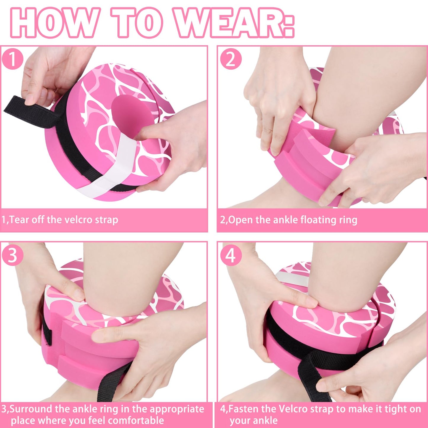 Hikeen Swim Aquatic Cuffs,High-Density EVA Water Aerobics Float Ring Fitness Pool Exercise Weights Set, Water Ankles Arms Belts with Adjustable Float for Swim Fitness Training (Pink)