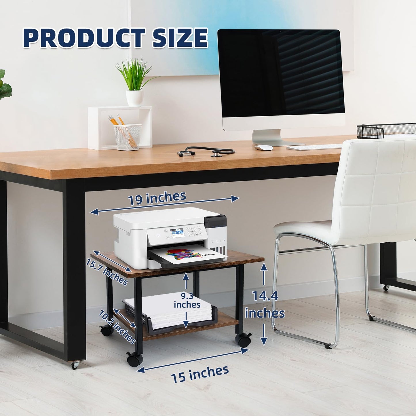 storenization Printer Stand with Storage Shelf, Small Printer Stand for Desk Office Home, Under Desk Printer Table with Rolling Wheels, Heavy Duty Mobile Machine Cart with Shelf, Rustic Brown