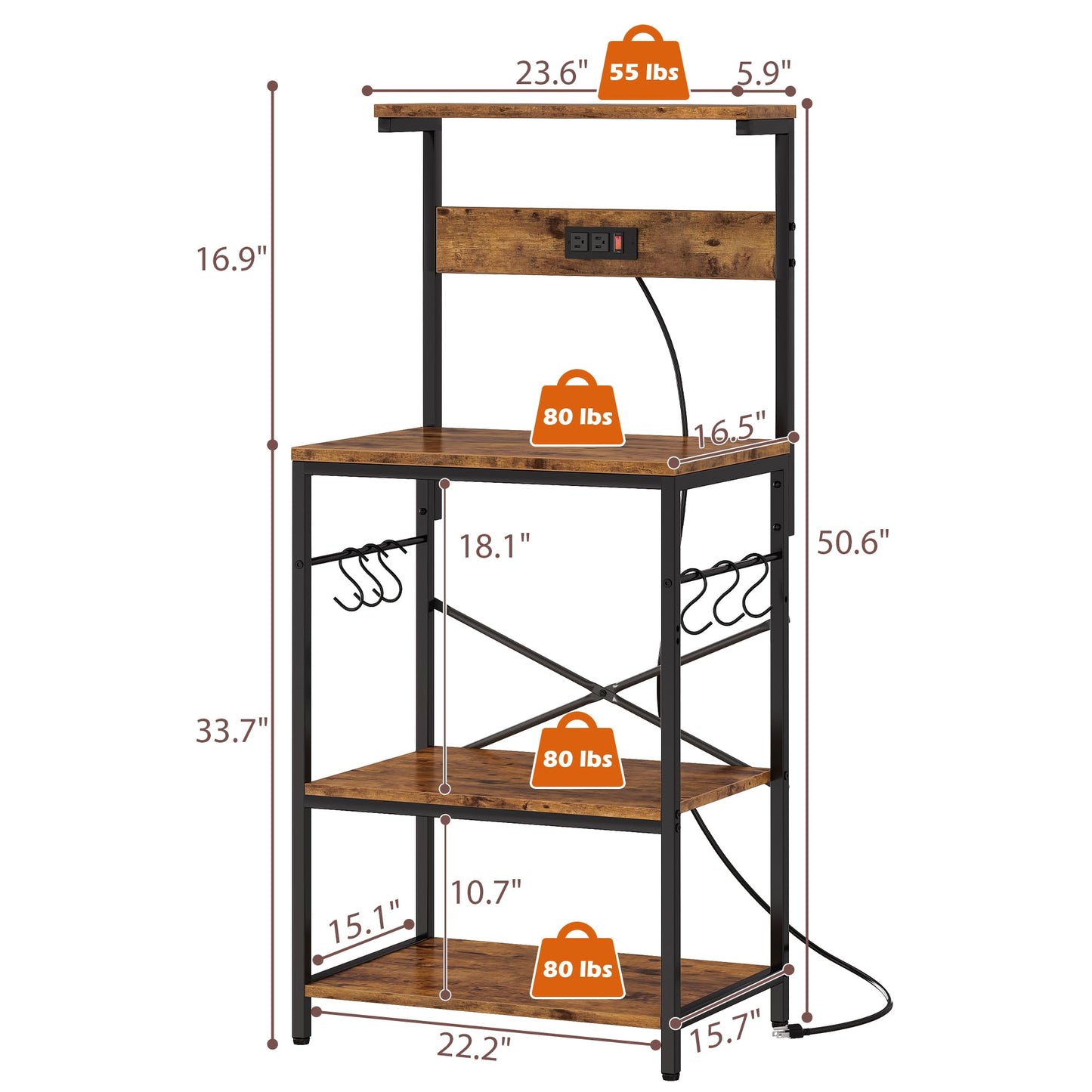 SUPERJARE Kitchen Bakers Rack with Power Outlet, Coffee Bar Table 4 Tiers, Kitchen Microwave Stand with 6 S-shaped Hooks, Storage Shelf Rack for Spices, Pots and Pans - Rustic Brown